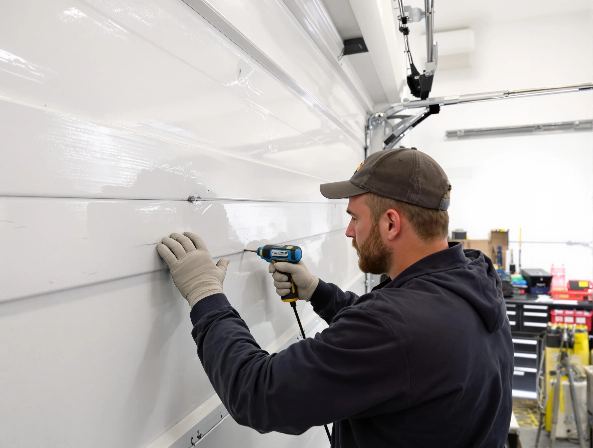 Midwest City Garage Door Repair technician demonstrating precision dent removal techniques on a Midwest City garage door
